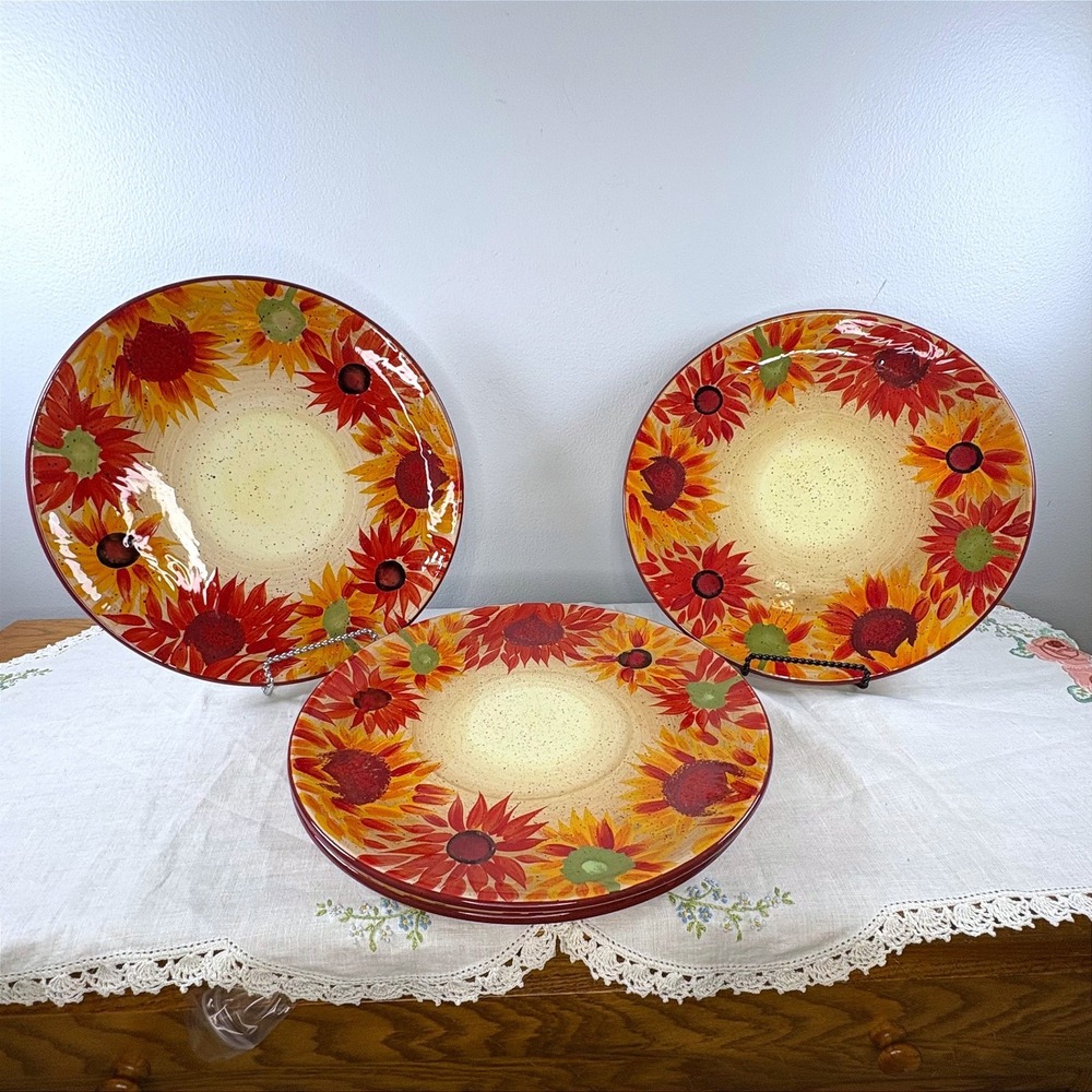 Pfaltzgraff Evening Sun Hand Painted Sunflower Dinner Plates Set of 4 Red Orange